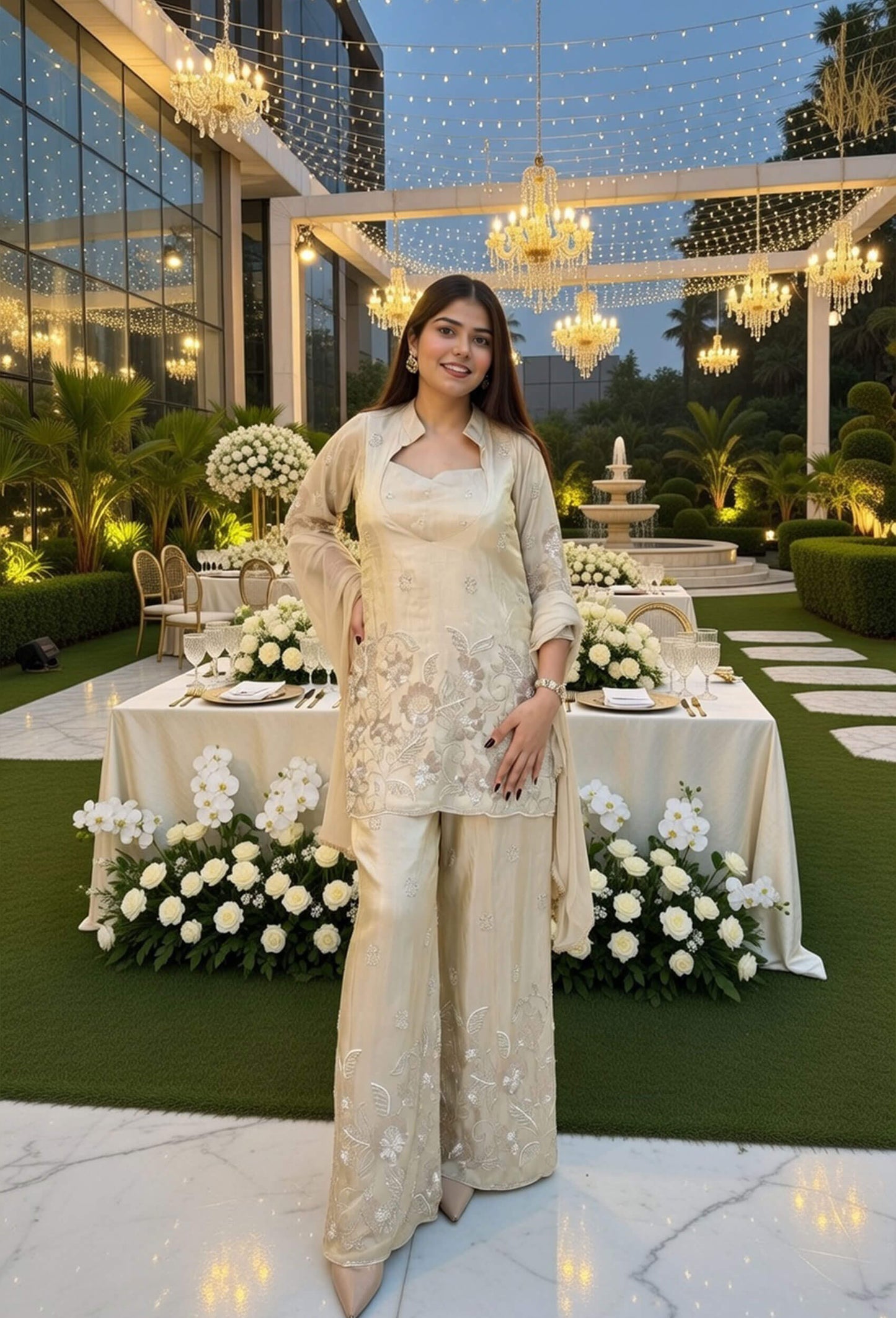 Beautiful Designer Shimmer Tissue Co-ord Style Hand Embellished Palazzo Suit with Heavy Embroidered Bottom