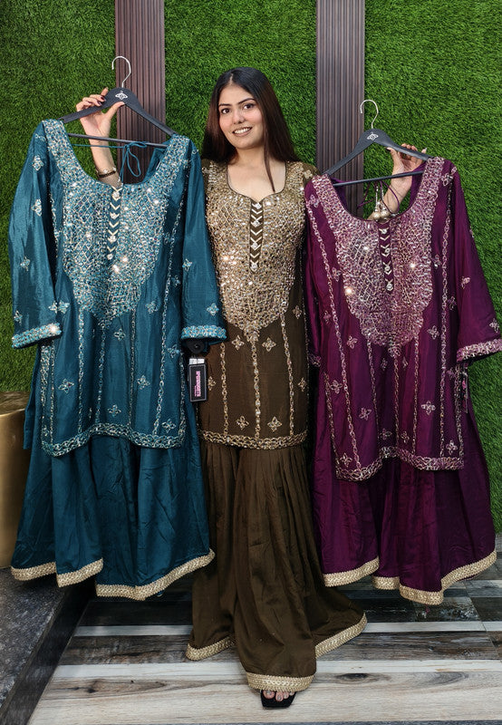 Straight Sharara Suit with Full Heavy Mirror Work Embroidery Shirt, With Flared Chinnon Silk Sharara and Silk Dupatta