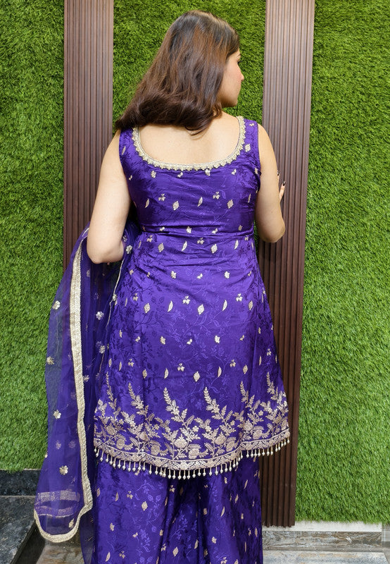 Pure Banarasi Partywear Palazzo Suit Set with Front and Back Work and Net Embroidered Dupatta