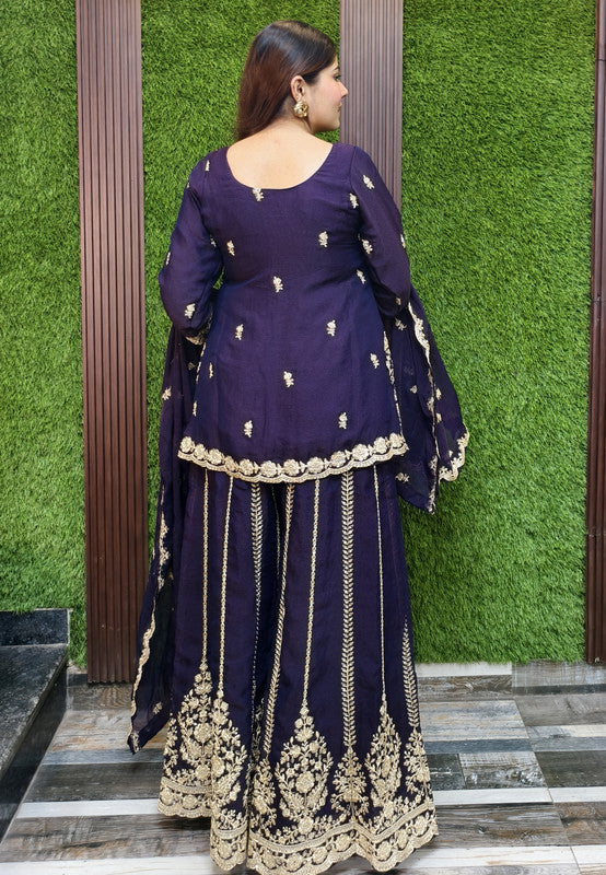 Short Shirt Girlish Sharara Suit Set with Heavy Hand Work Embroidery on Front and Back and Scallop Dupatta