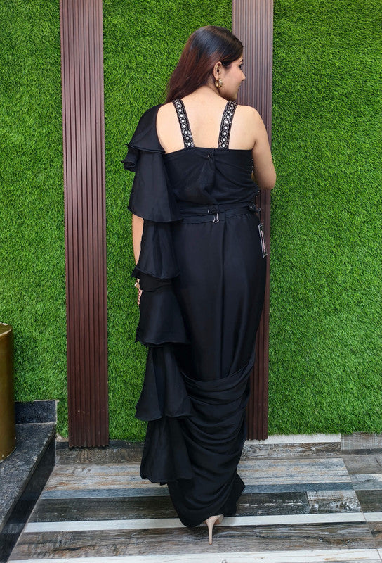 Hand embellished Corset styles Ready to wear drape saree in Armani Satin For Cocktail Party