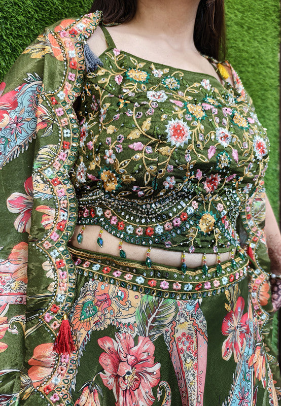 3 Piece Indo Western Printed Chinnon Silk Dress with Separate Cape Shrug for Mehendi