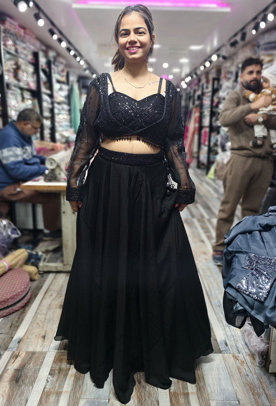 Designer Black Crop Top & Skirt Set with Short Embroidered Jacket - Cocktail Party Wear