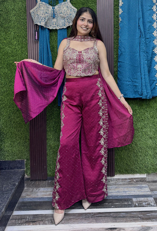 Spaghetti Style Partywear Crop Top Sharara Set In Chinnon Silk with Choker Dupatta