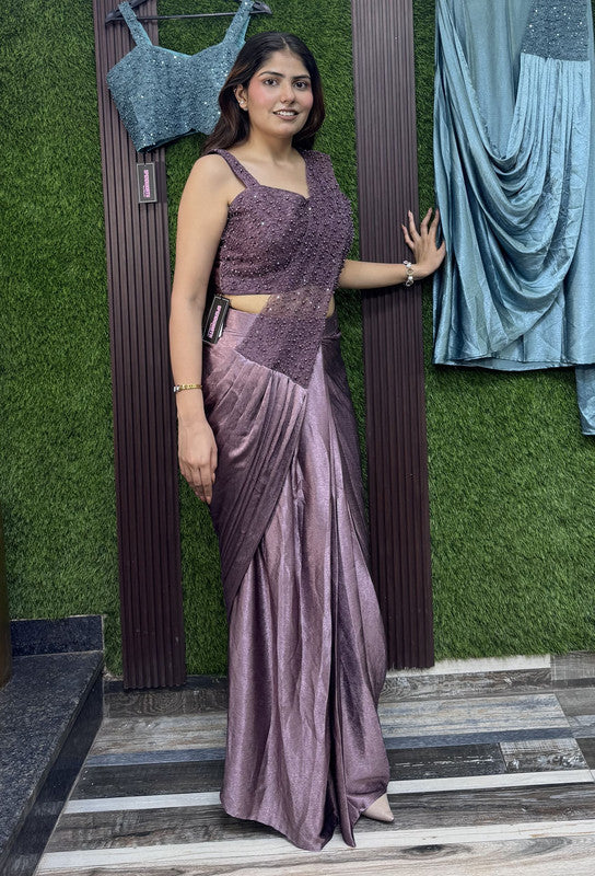 Spaghetti Style Pearl Beaded Blouse with Embroidered Drape Saree