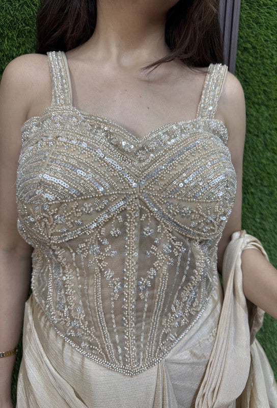 Corset Style Handwork Blouse with Chinnon Silk Drape Saree & Bell Style Pallu