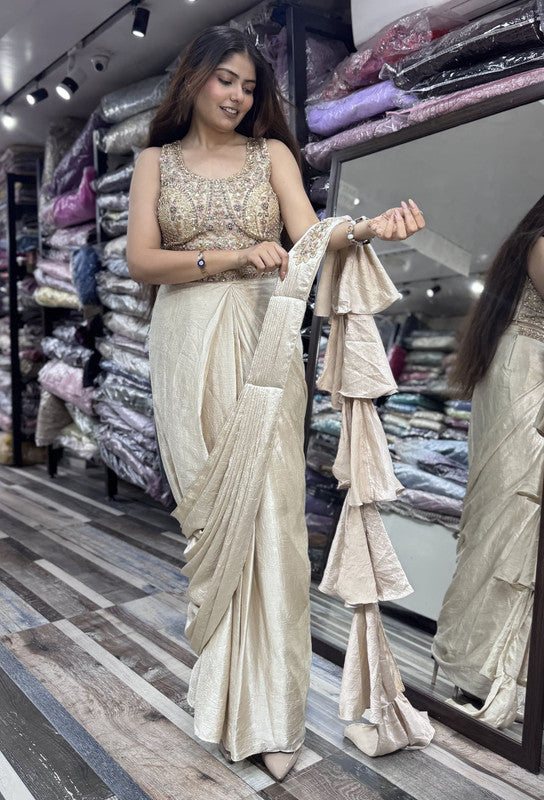 Multi Embroidered Blouse with Chinnon Silk Drape Saree & Bell Style Pallu