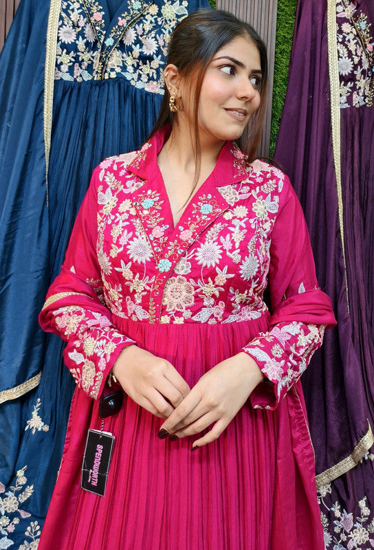 Collar Styled Anarkali Dress with Multi Embroidered Detailing