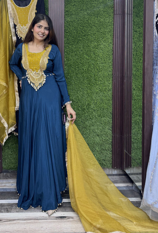 Pure Crepe Anarkali Dress with Hand Work Contrast Neckline
