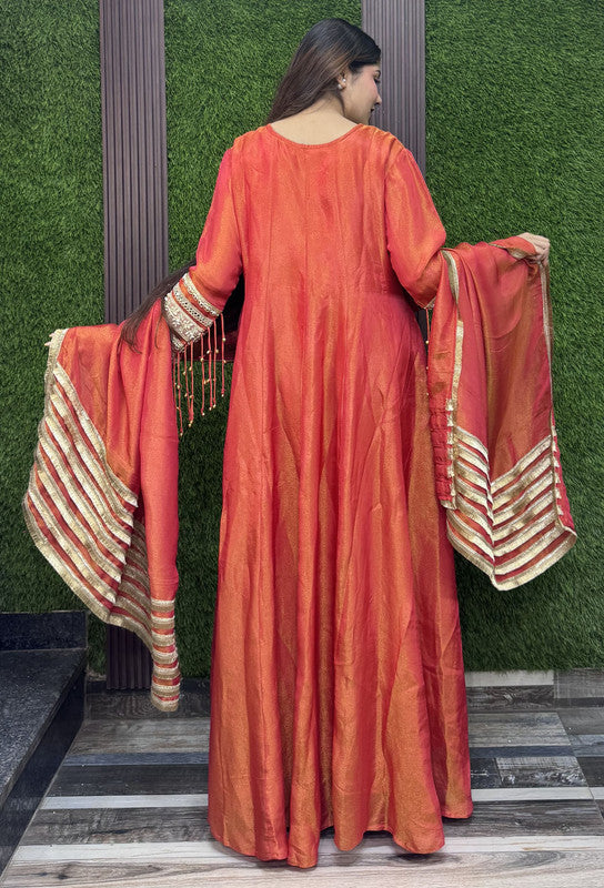 Pearl Beads Neckline Detail Anarkali Dress with Gotta Work Dupatta