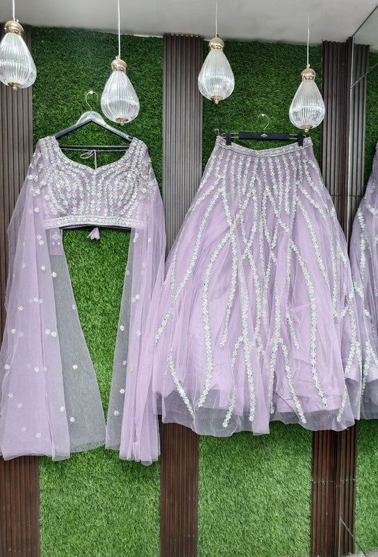 Multi-Embroidered Net Crop Top & Skirt Set with Connected Falling Sleeves