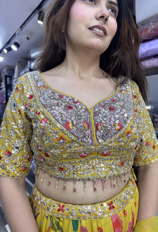 Embellished Choli with Printed Lehenga in Organza Silk for Haldi And Mehendi
