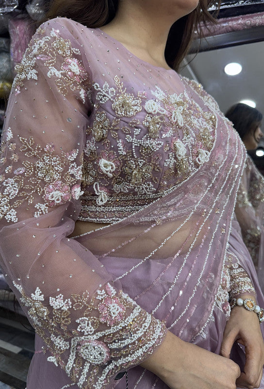 Full-Sleeved Embellished Crop Top Skirt with Hand-Embroidered Drape Pallu