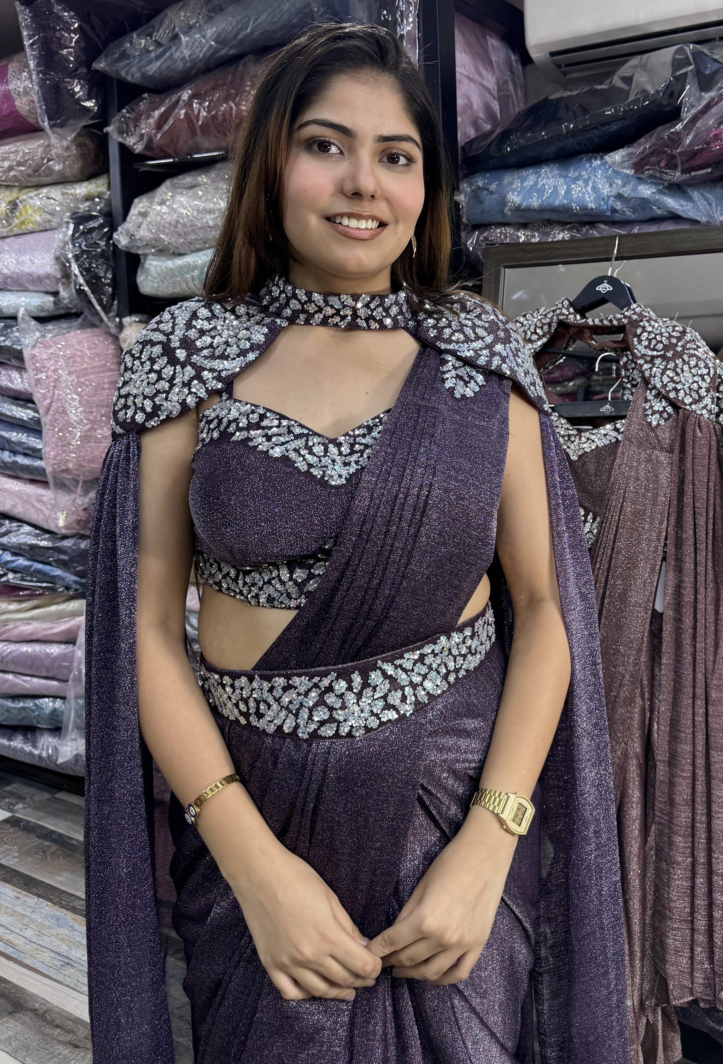 Imported Shimmer Lycra Drape Saree with Embellished Blouse Cape Belt