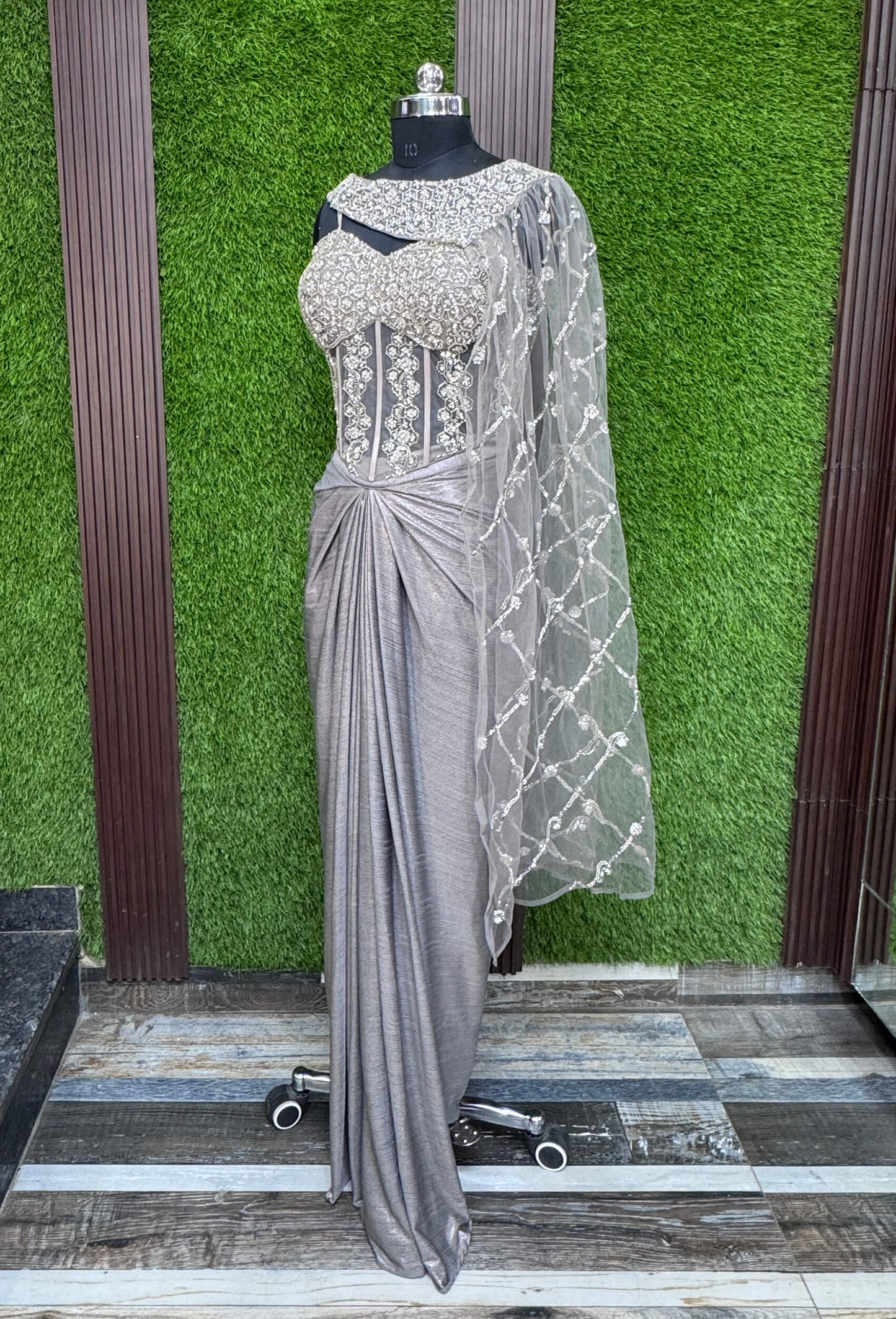 Spaghetti Indo-Western Style Corset Dress with Tulip Skirt & Embellished Cape