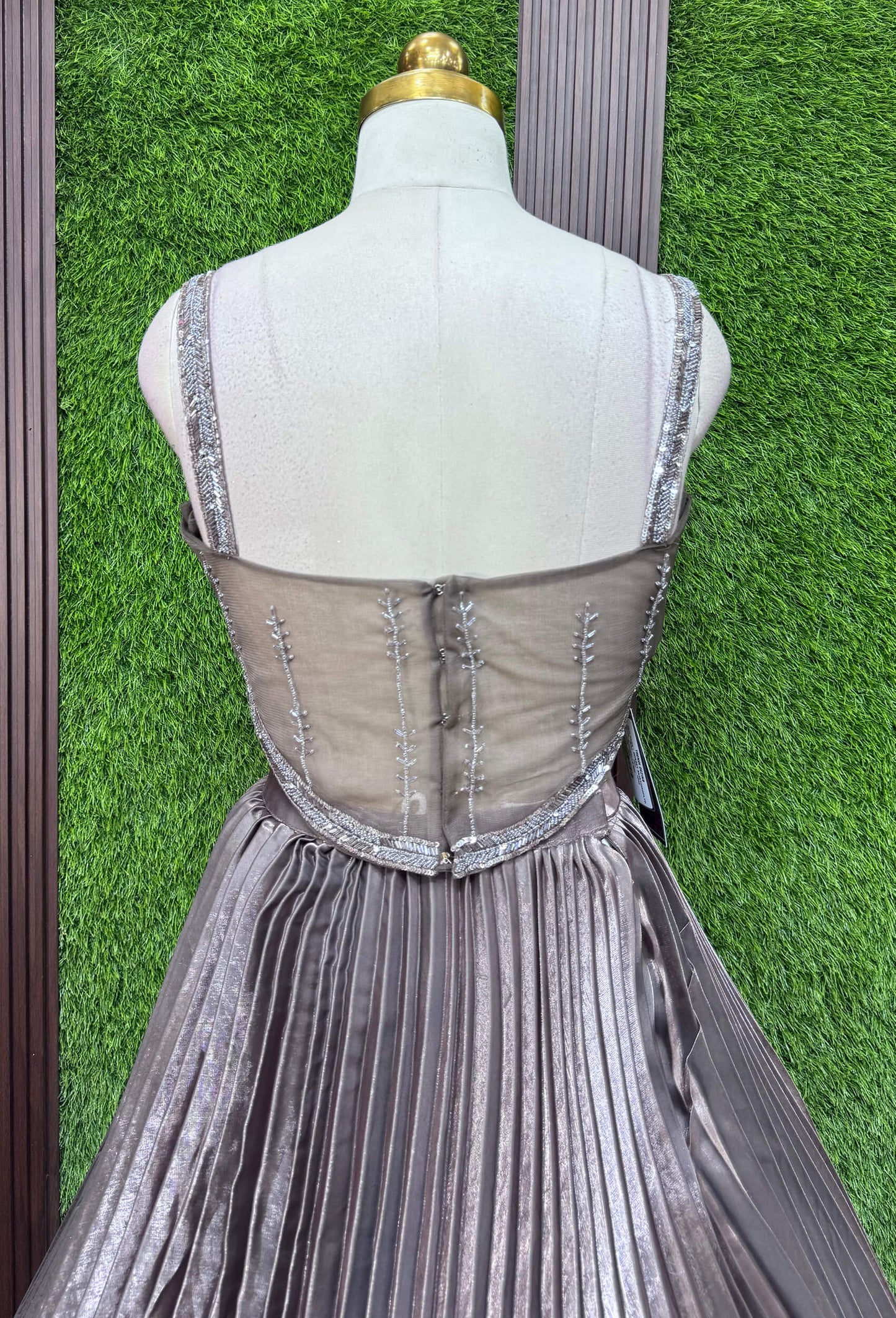 Corset Style Hand Embellished Blouse with Pleated Lehenga & Choker Neckline Dupatta