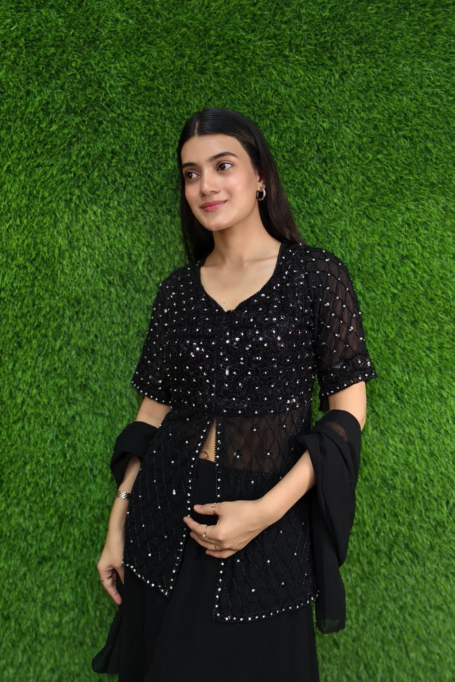 Hand Work Girlish Short Shirt Sharara Suit In Black