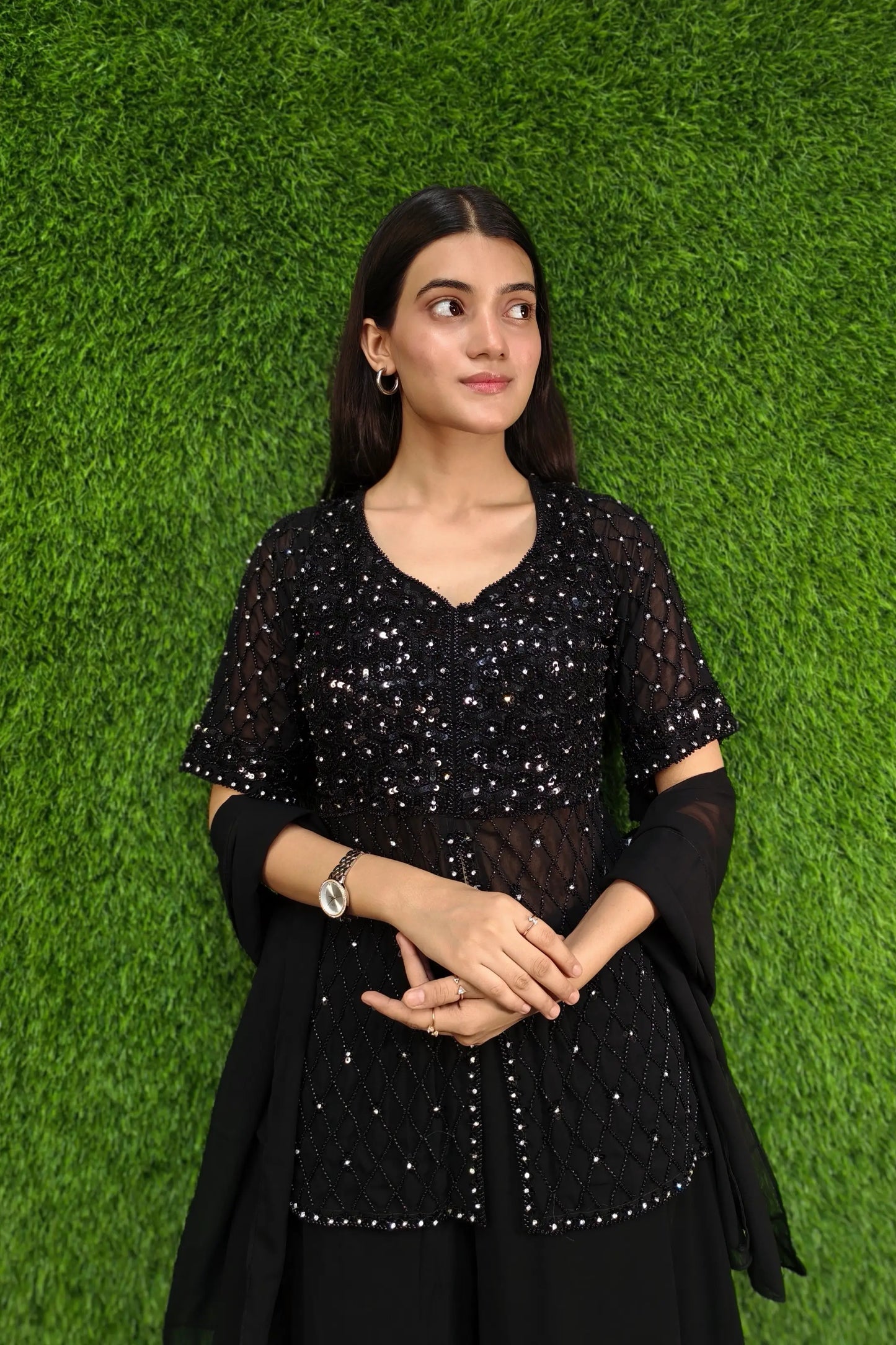 Hand Work Girlish Short Shirt Sharara Suit In Black