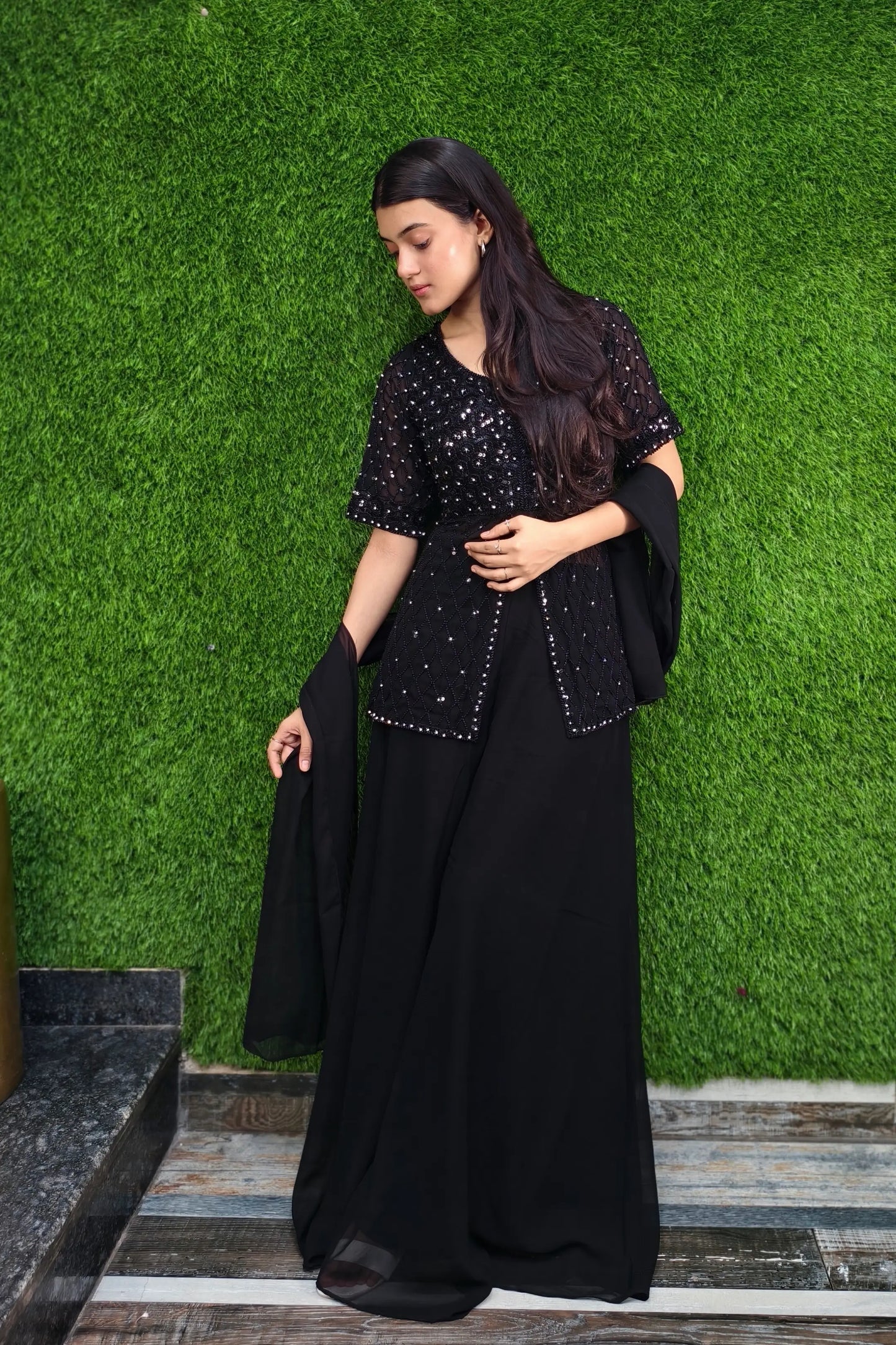 Hand Work Girlish Short Shirt Sharara Suit In Black