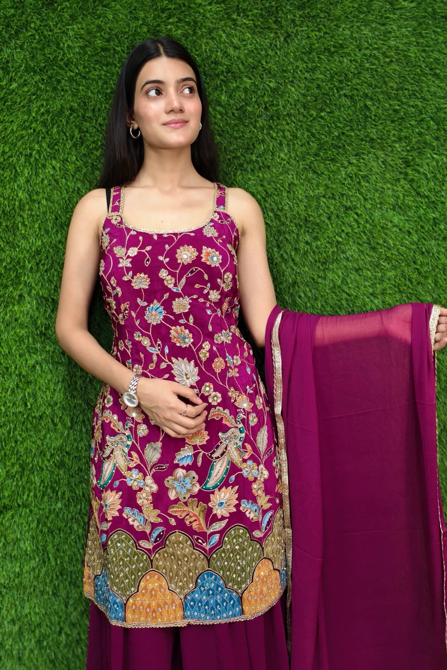 Spaghetti Style Girlish Sharara Suit In Silk