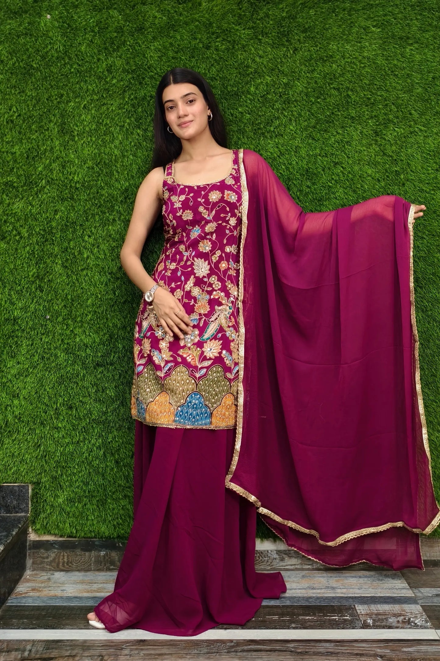 Spaghetti Style Girlish Sharara Suit In Silk