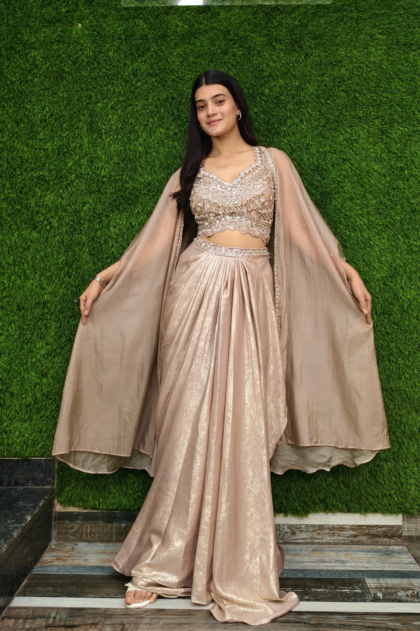 Indowestern Three Piece Dress In Light Golden