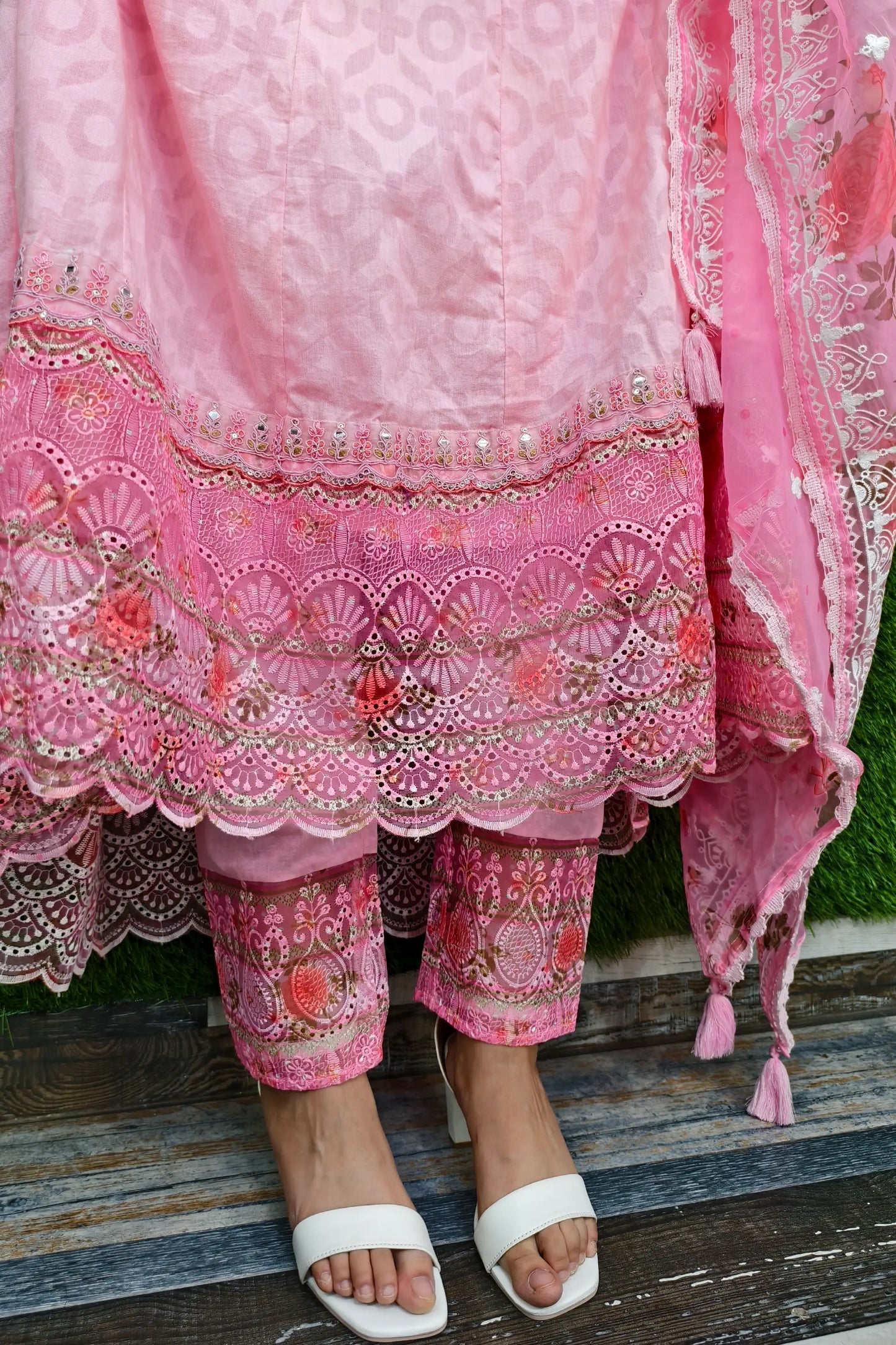Cotton Anarkali Partywear Kurta Set With Organza Duppatta
