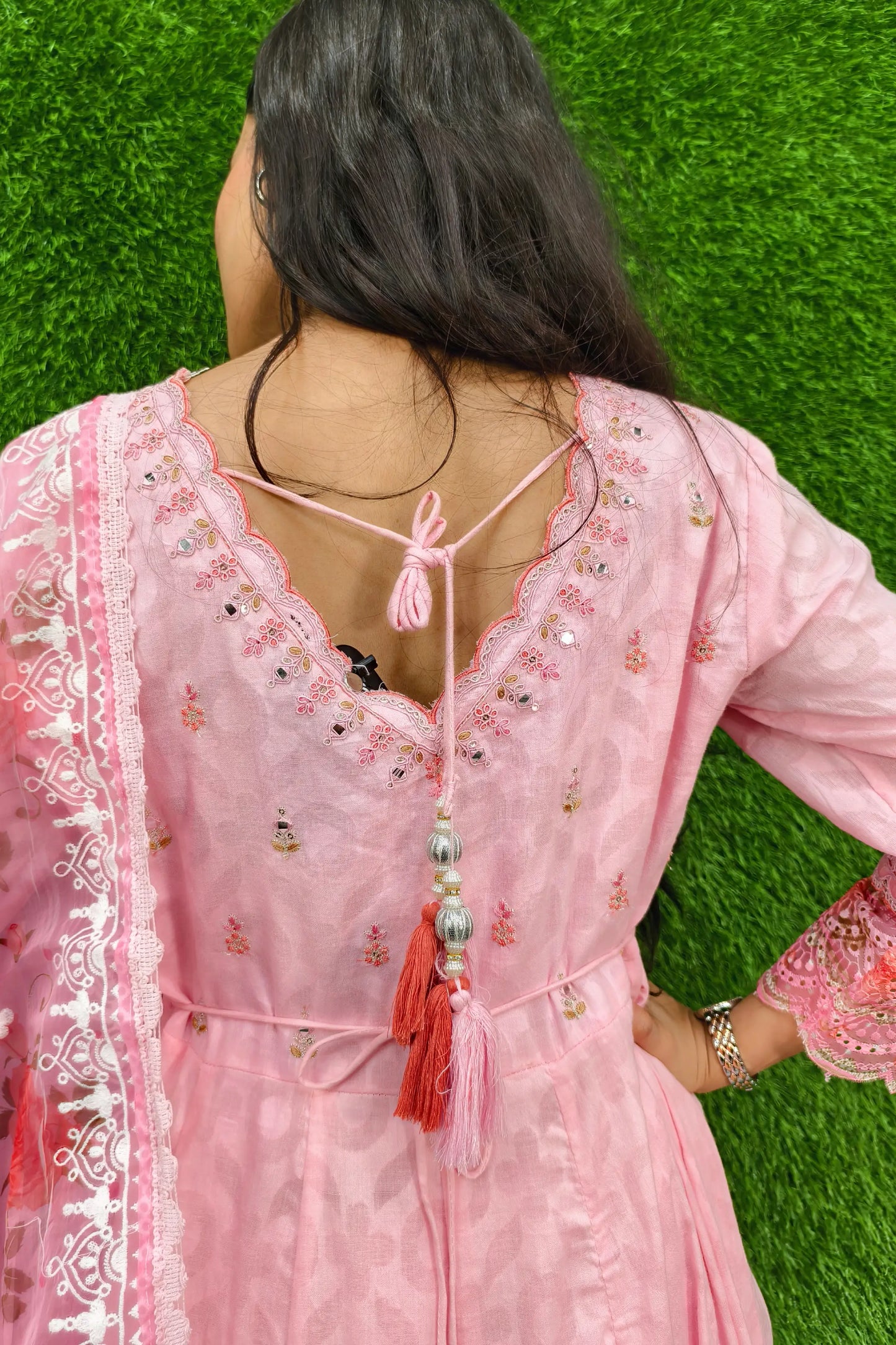 Cotton Anarkali Partywear Kurta Set With Organza Duppatta