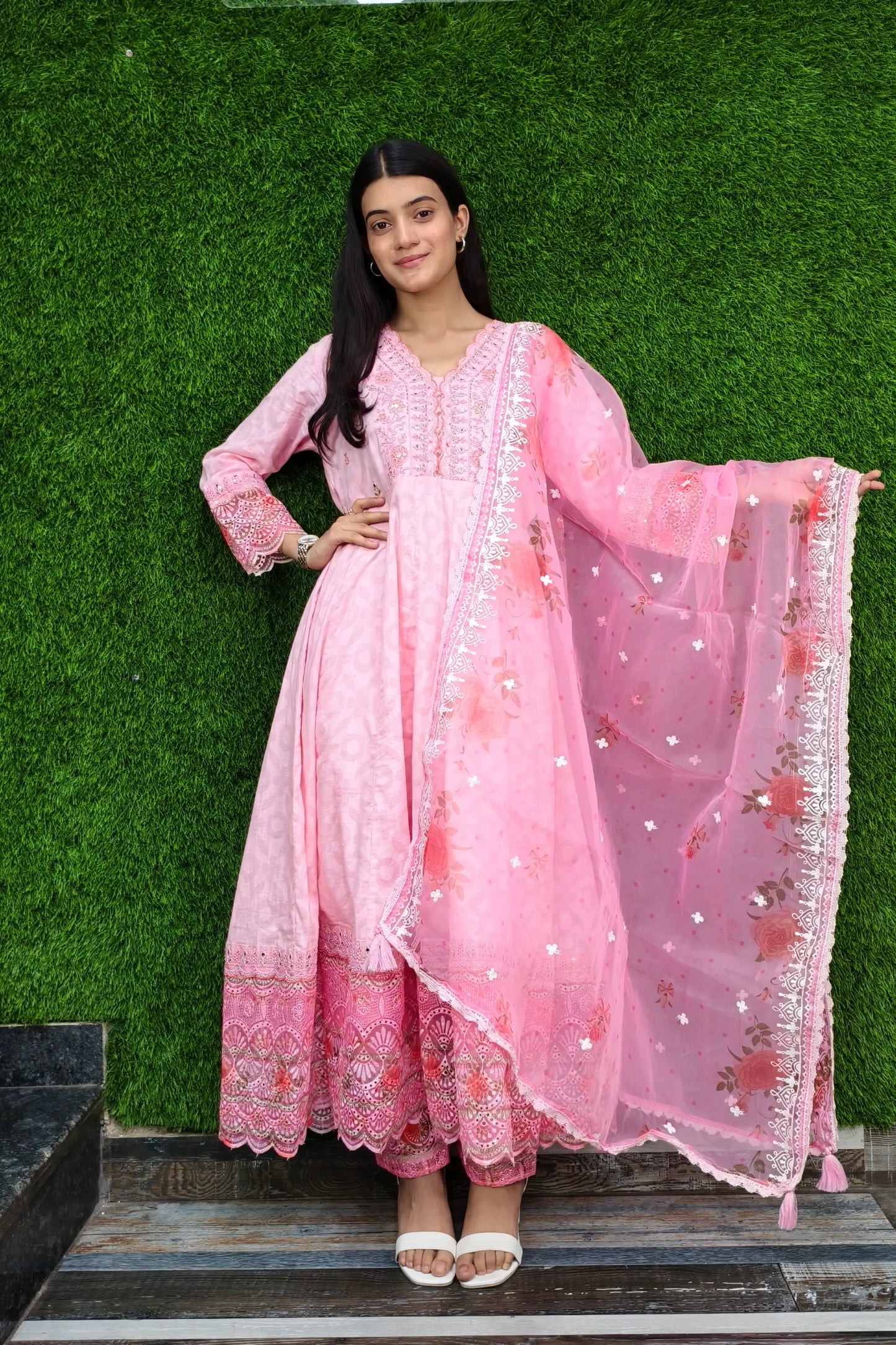 Cotton Anarkali Partywear Kurta Set With Organza Duppatta