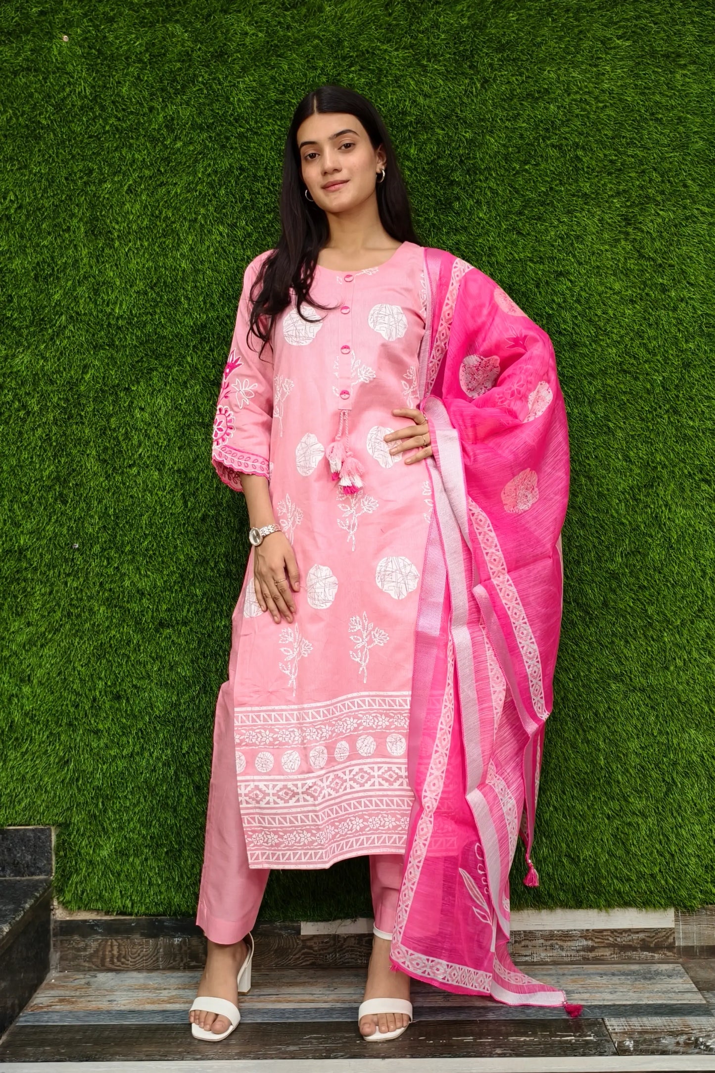 Cotton Slub Embroidered Suit Set With Contrast Duppatta