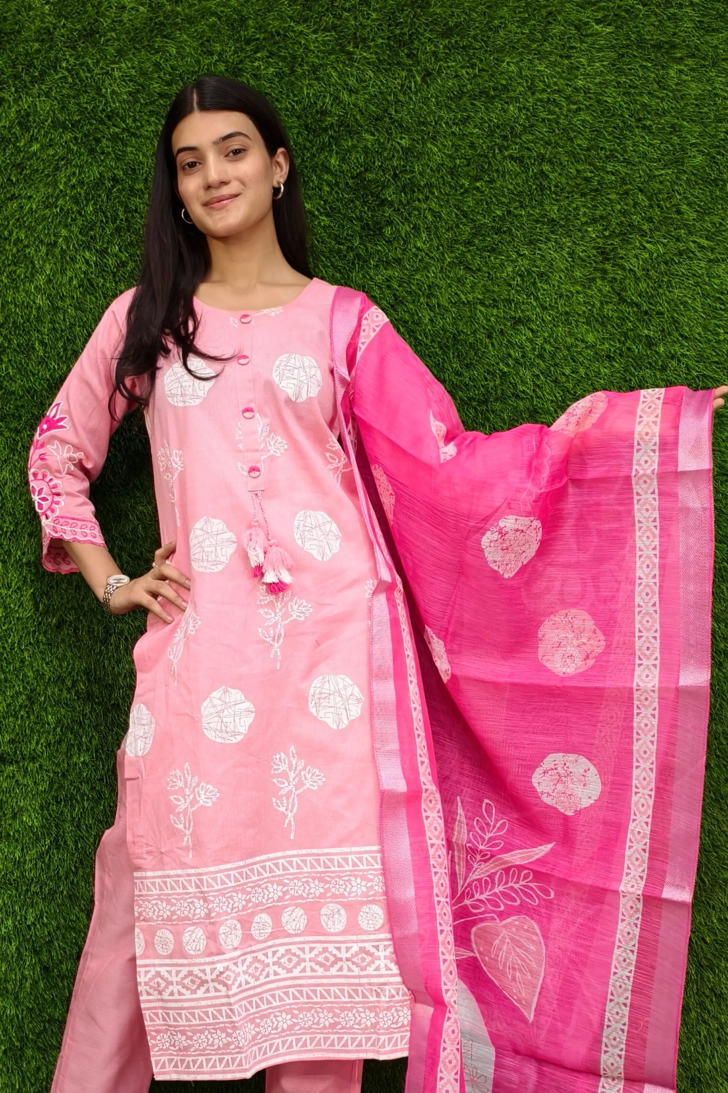 Cotton Slub Embroidered Suit Set With Contrast Duppatta