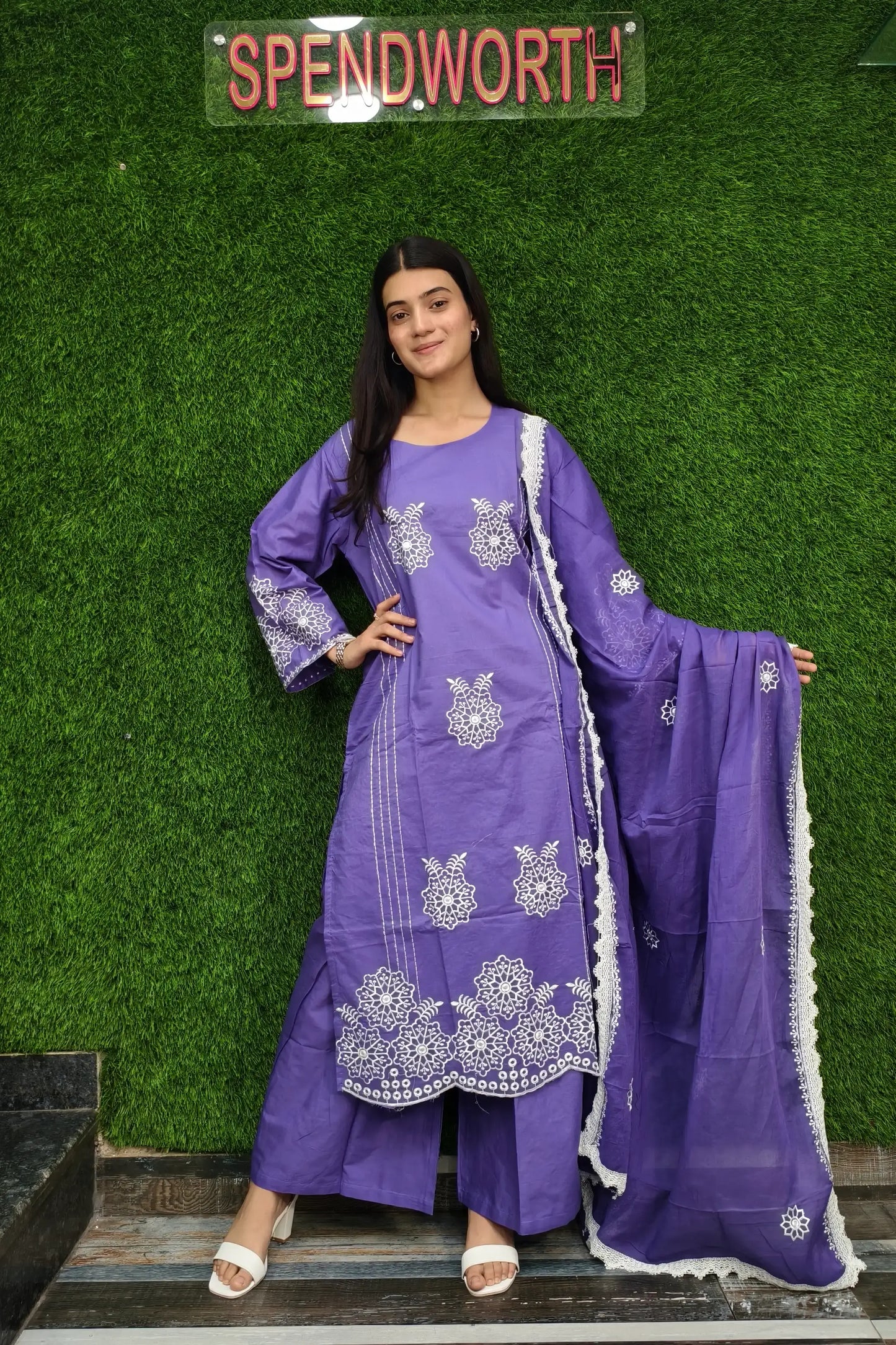 Straight Cotton Suit With Duppatta In Purple