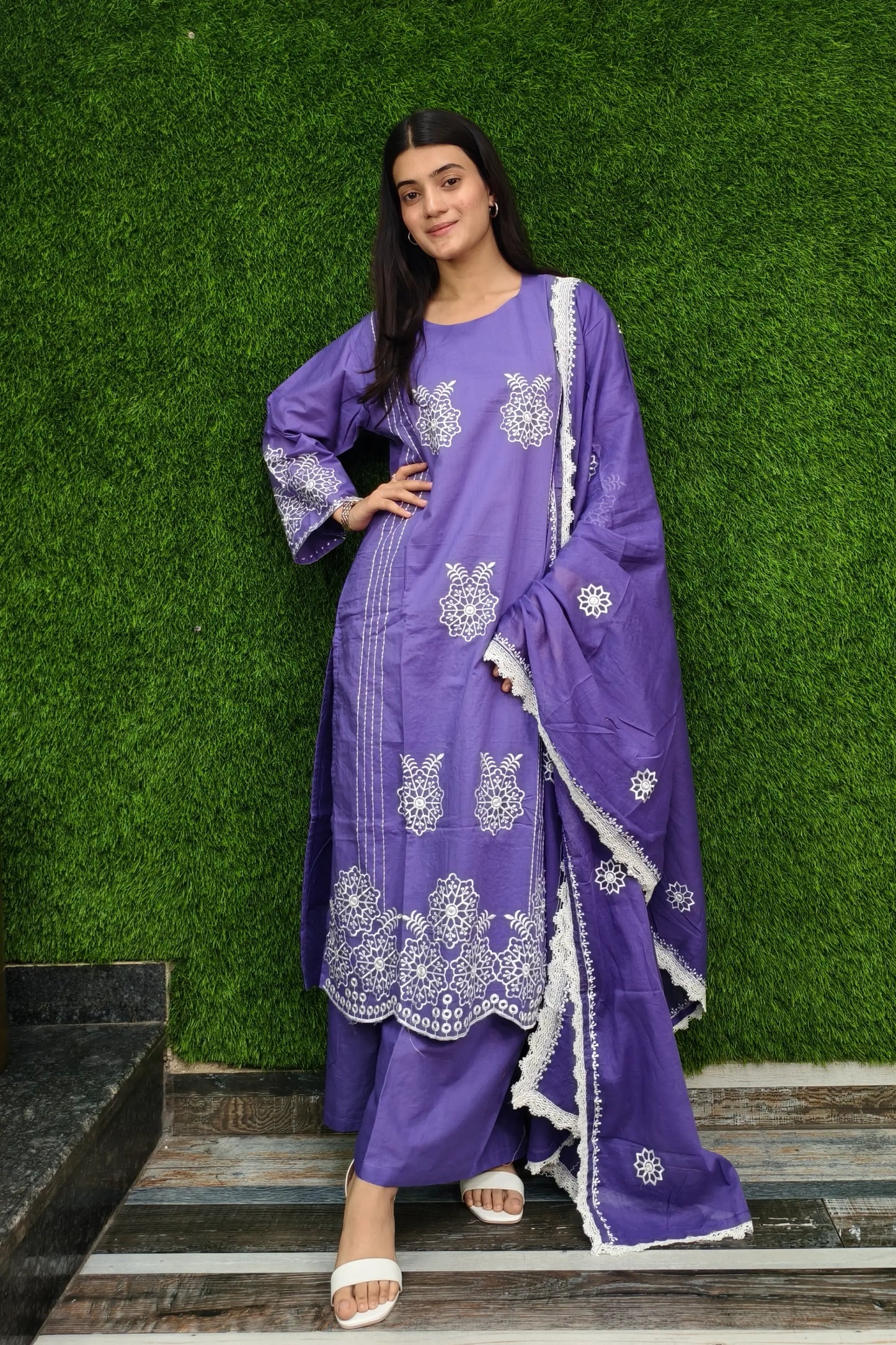 Straight Cotton Suit With Duppatta In Purple