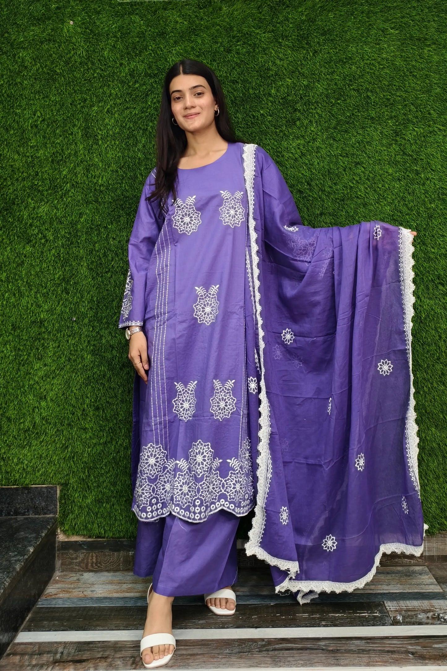 Straight Cotton Suit With Duppatta In Purple