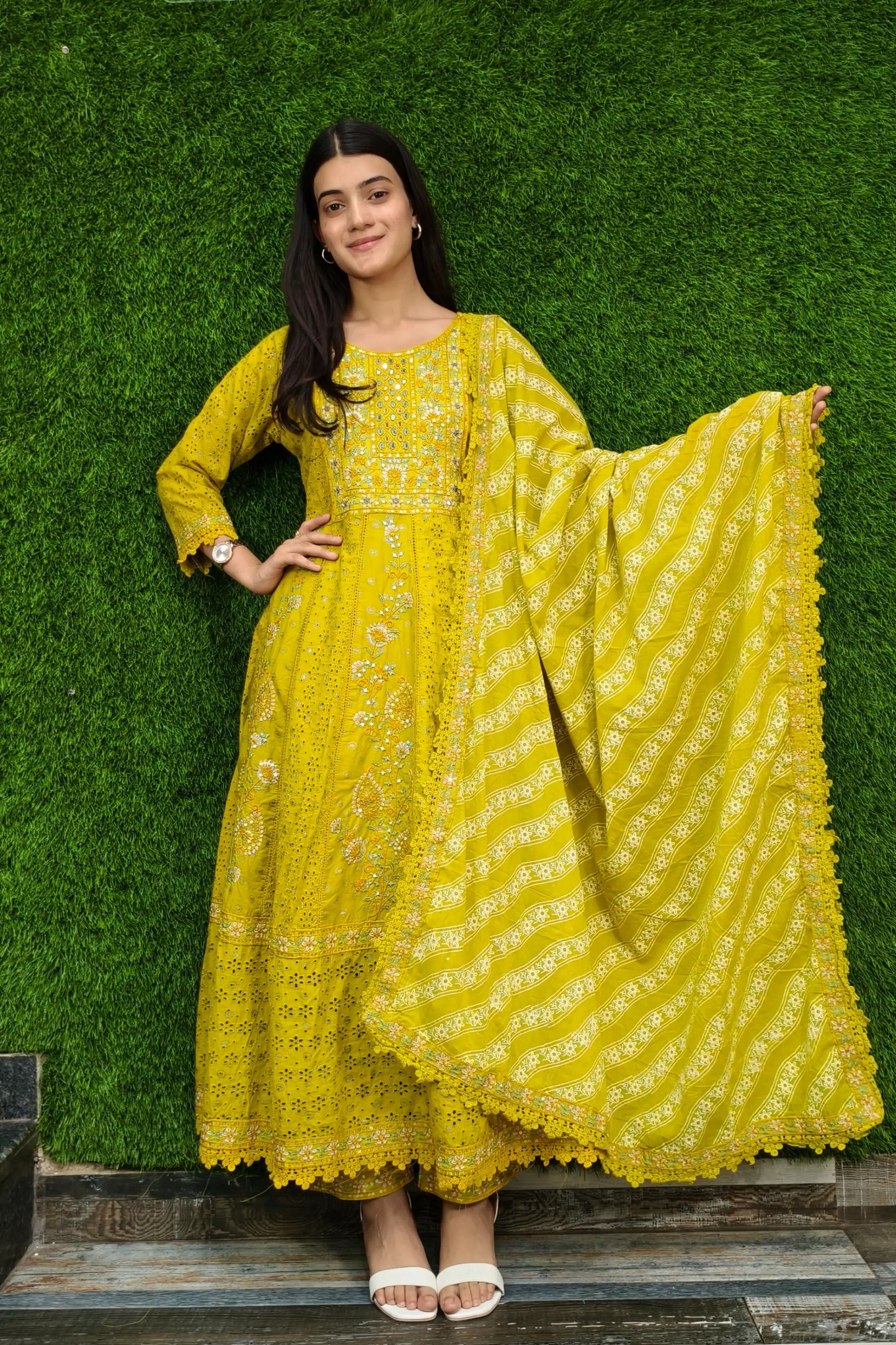 Pakistani Anarkali Chikan Embroidered Kurta set In Mustard