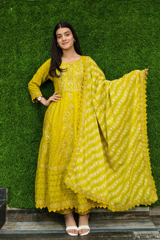 Pakistani Anarkali Chikan Embroidered Kurta set In Mustard