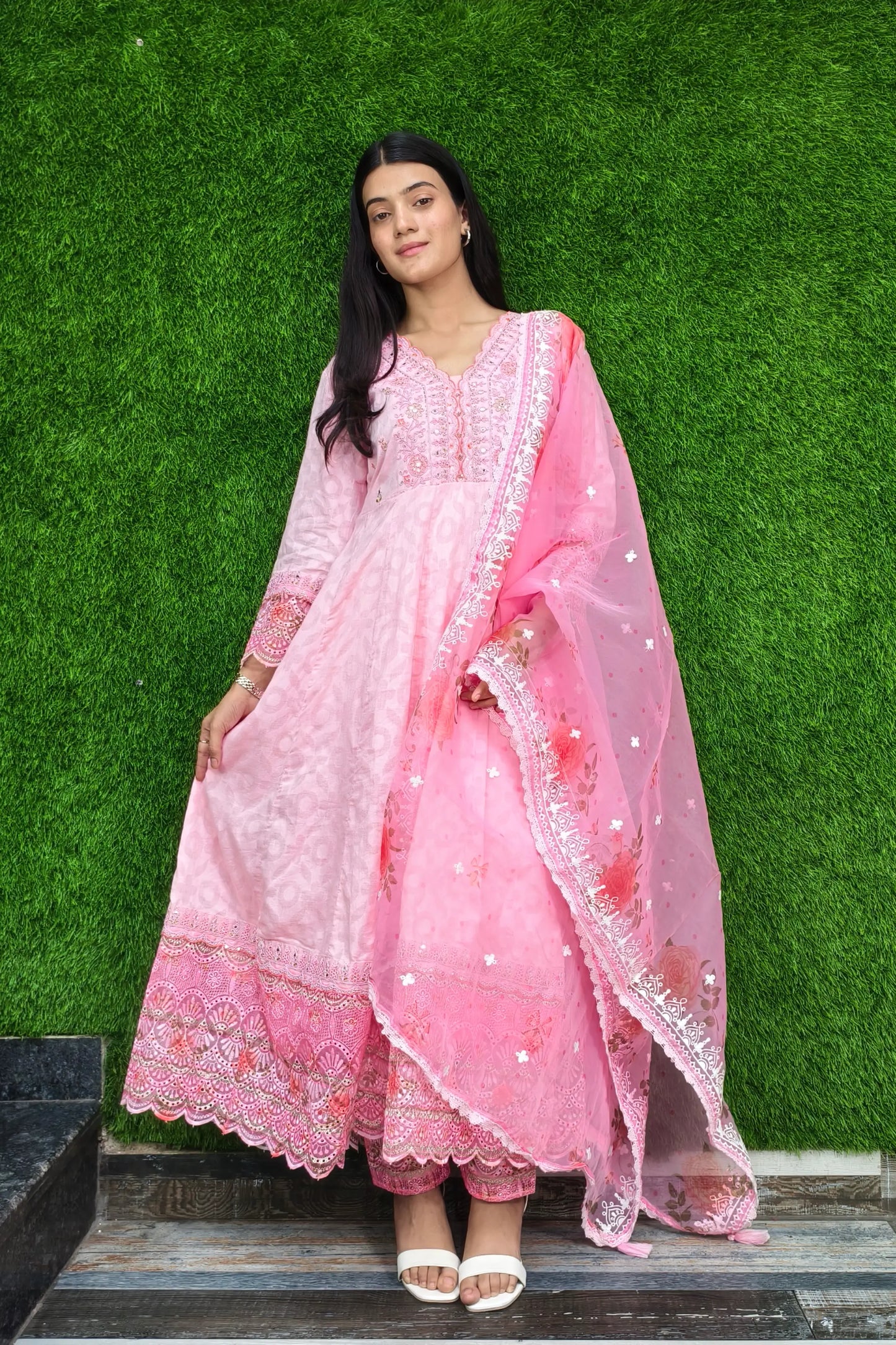 Cotton Anarkali Partywear Kurta Set With Organza Duppatta