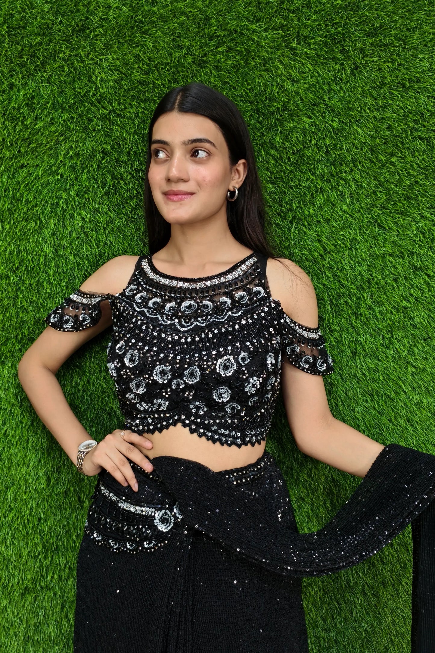 Designer Ready Top Wear Drape Saree In Black