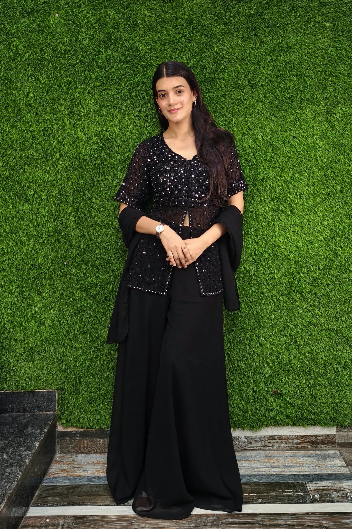 Hand Work Girlish Short Shirt Sharara Suit In Black