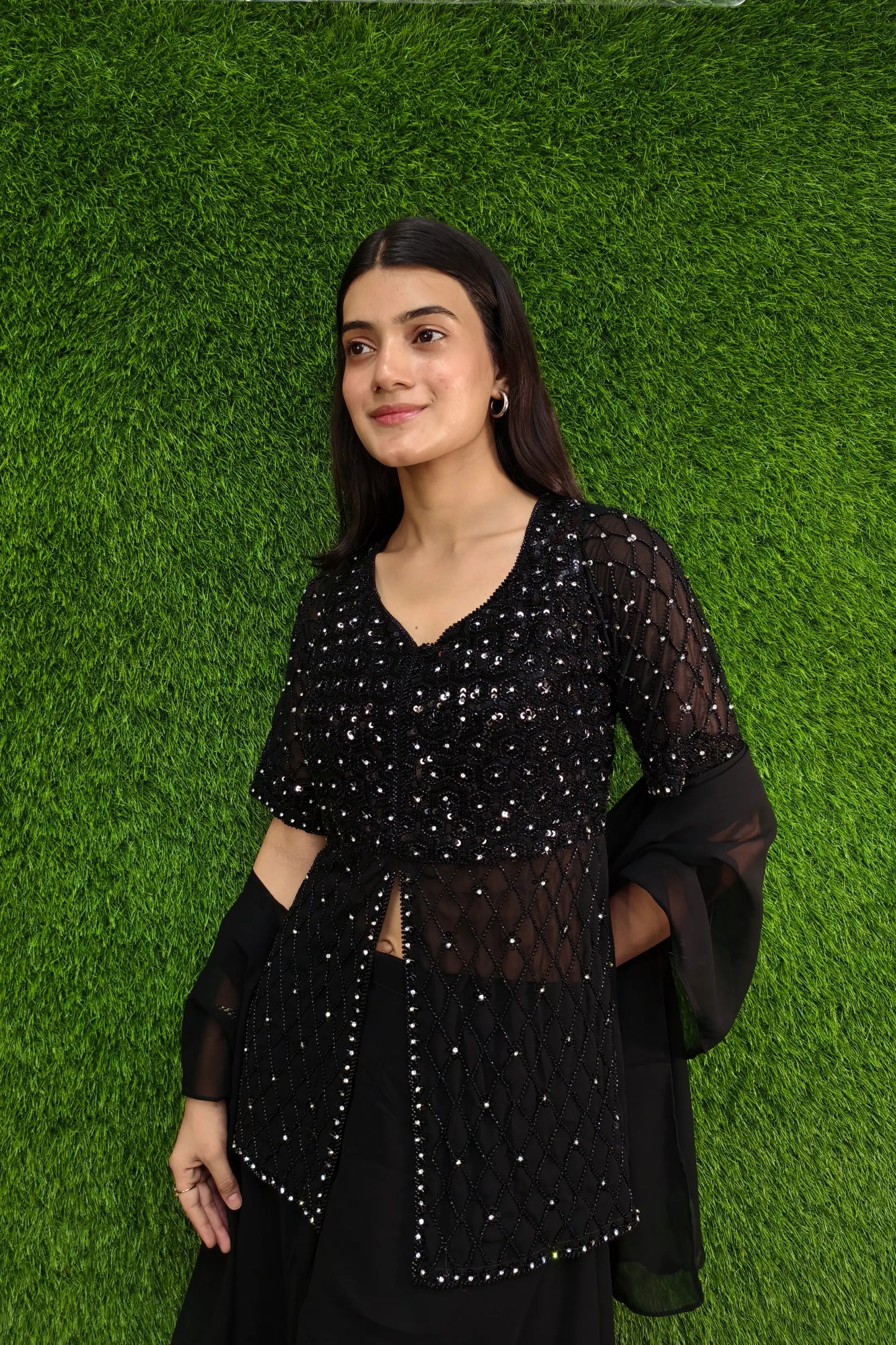 Hand Work Girlish Short Shirt Sharara Suit In Black