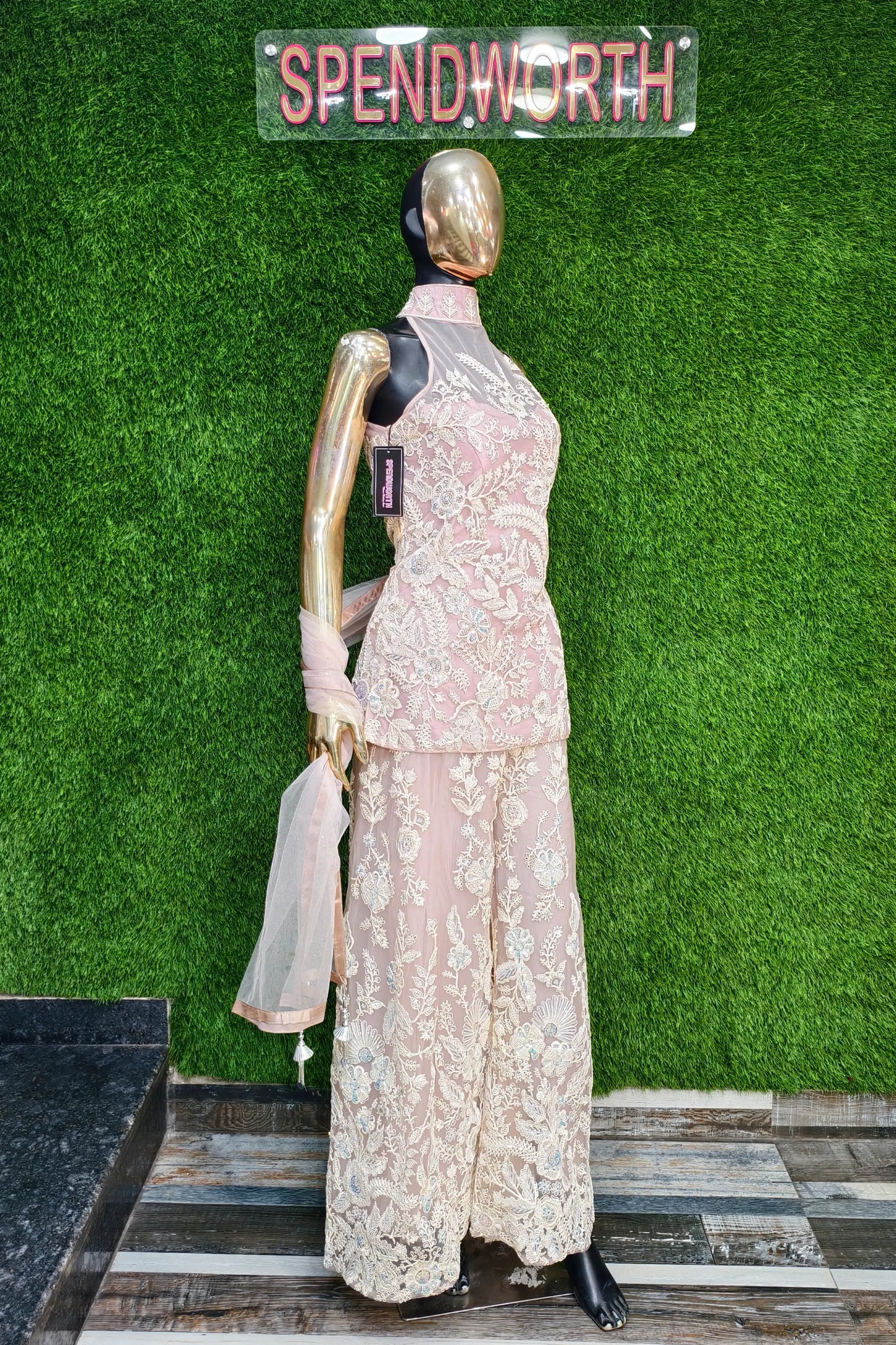 Halter Neck Embroidered Sharara Suit In Pastels