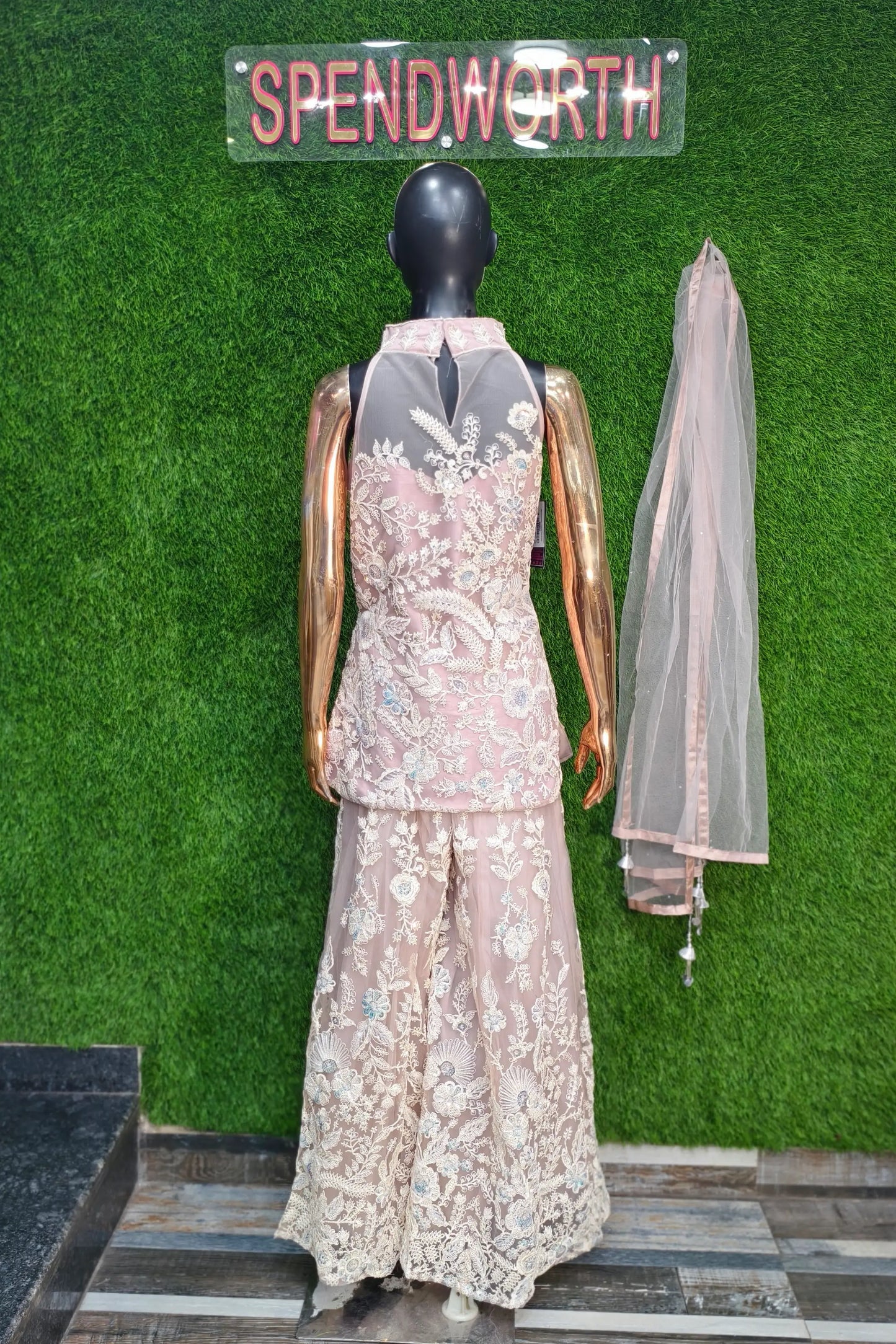 Halter Neck Embroidered Sharara Suit In Pastels
