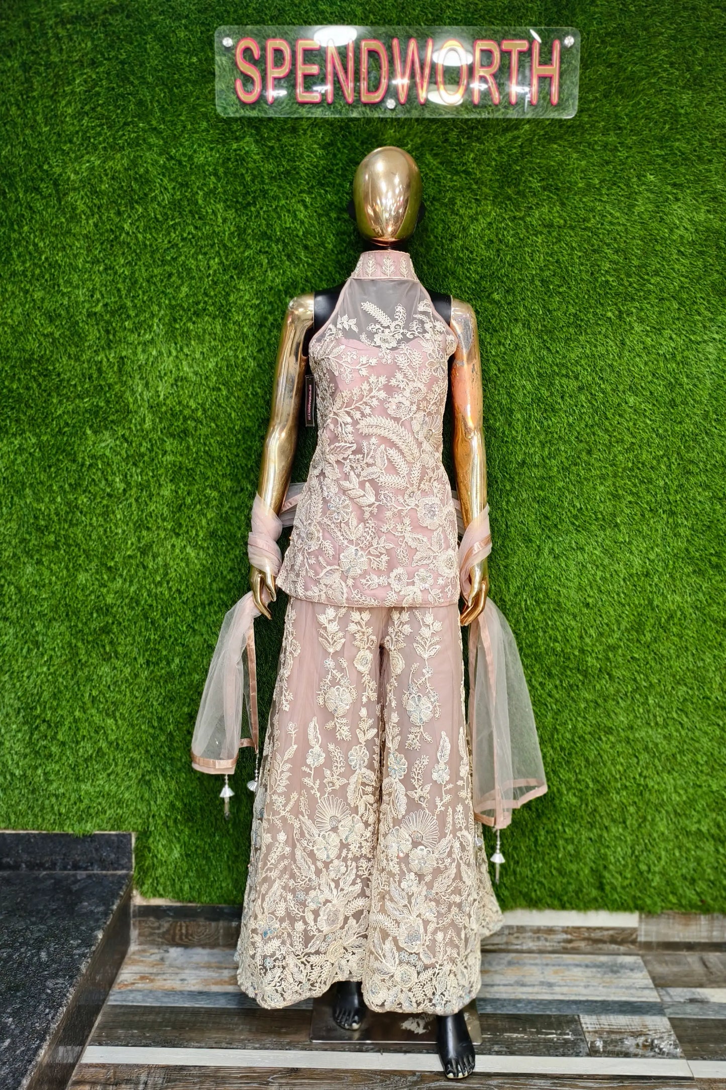 Halter Neck Embroidered Sharara Suit In Pastels