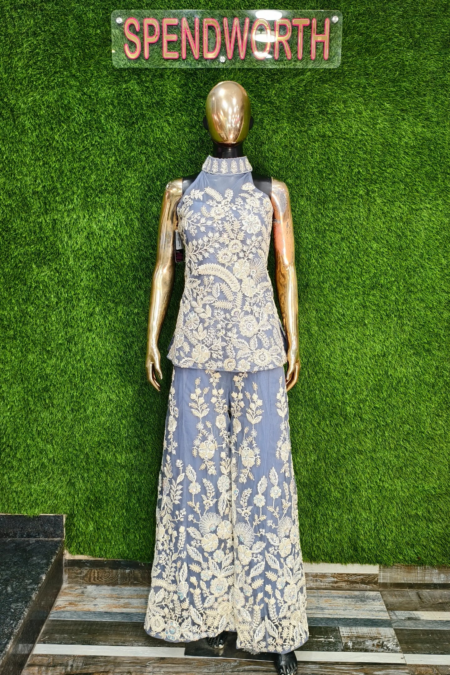 Halter Neck Embroidered Sharara Suit In Pastels