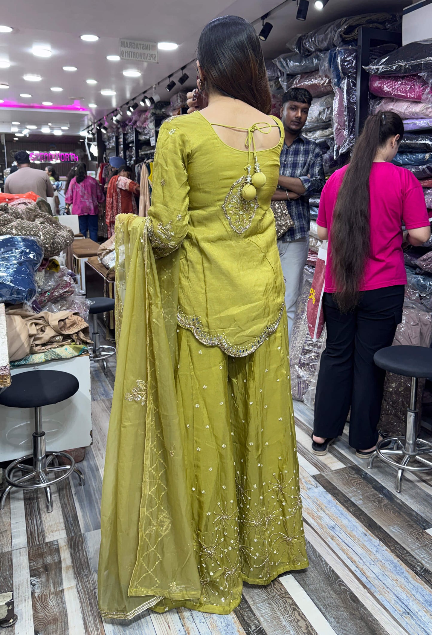 Designer All-Over Embroidered Shirt & Sharara with Embroidered Organza Dupatta in Chinnon Silk