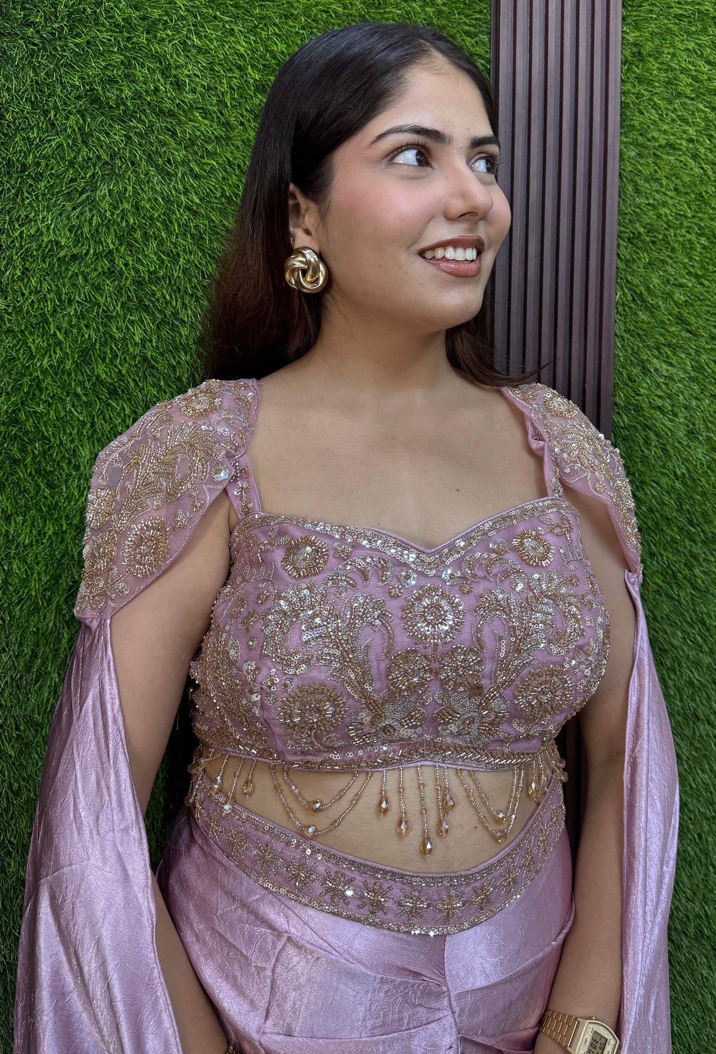 Designer Indo-Western Crop Top & Cowl Skirt Set with Waist Hangings and Falling Sleeves