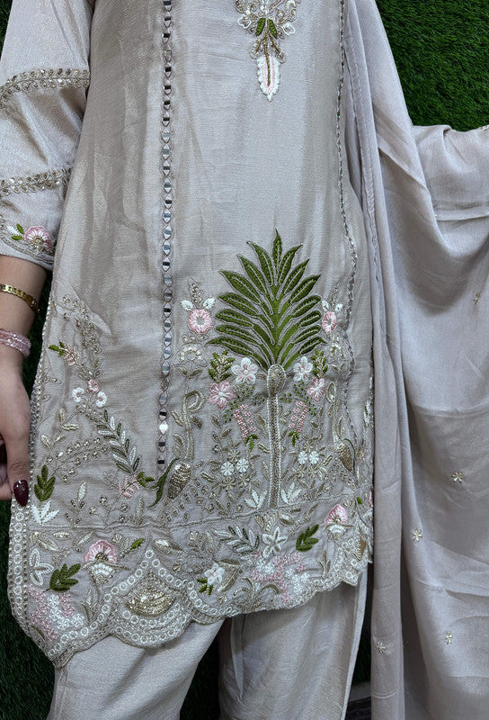 Chinnon Silk Embroidered Straight Shirt and Farshi Salwar Suit for Women with Dupatta