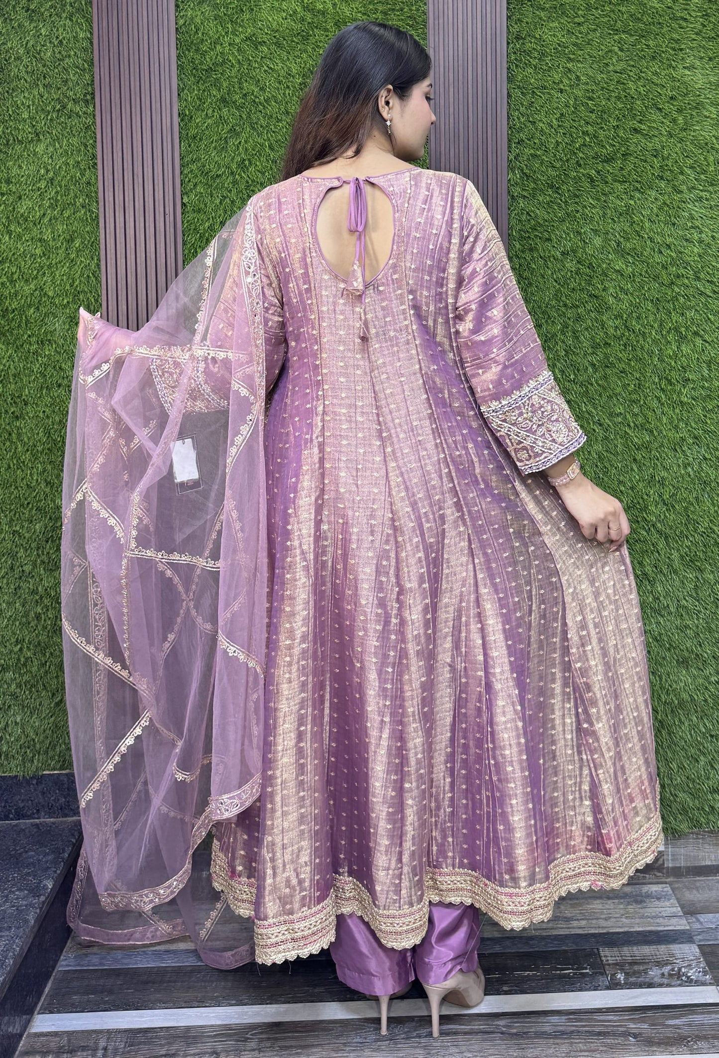Partywear Crush Silk Anarkali with Embroidered Trouser and Dupatta