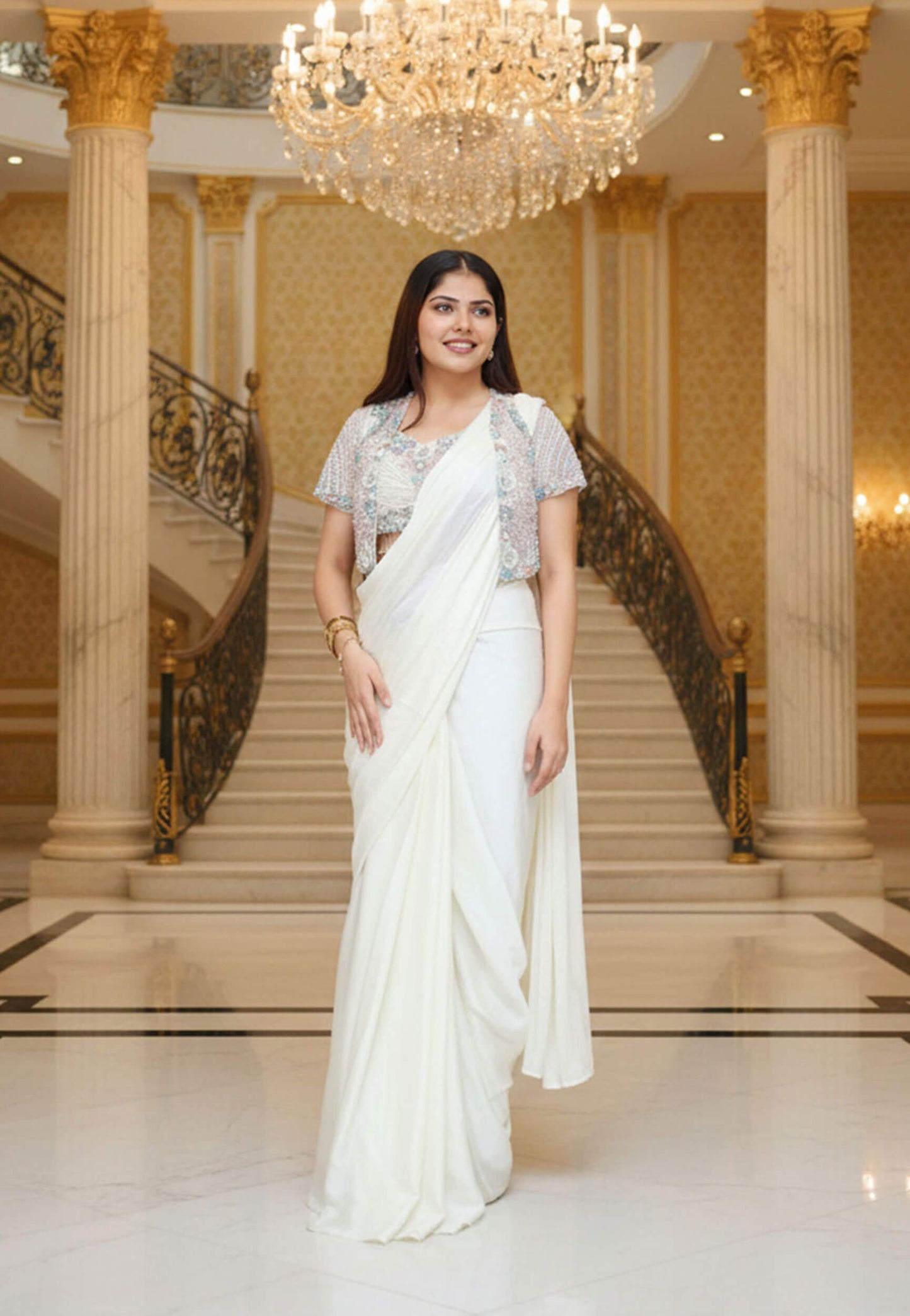 Pure Crepe Net Jacket with Embellished Ready to Wear Drape Saree in White
