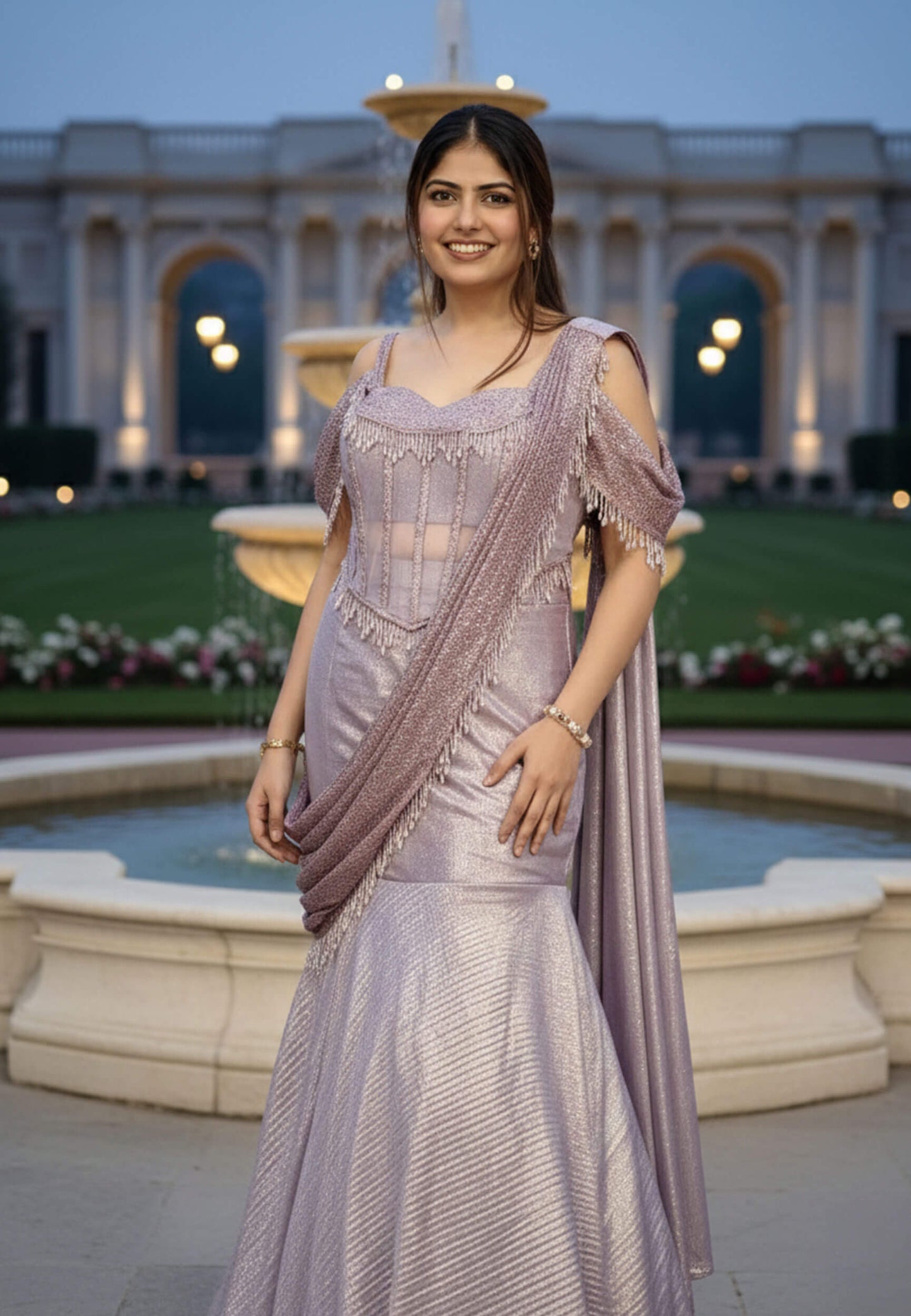 Beautiful Readymade Drape Dress in Imported Shimmer Saree - Mauve